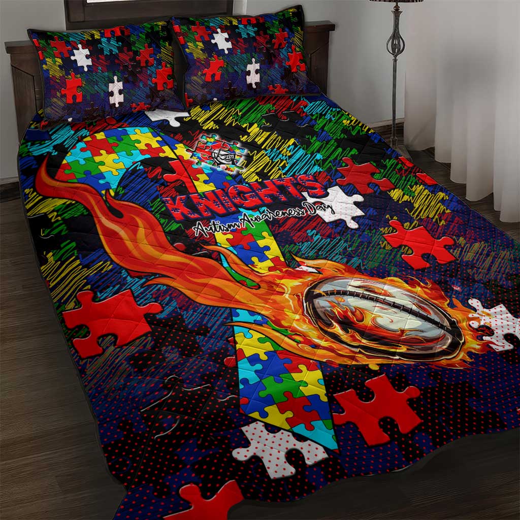 Knights Autism Awareness Quilt Bed Set Puzzle Flames Rugby Ball