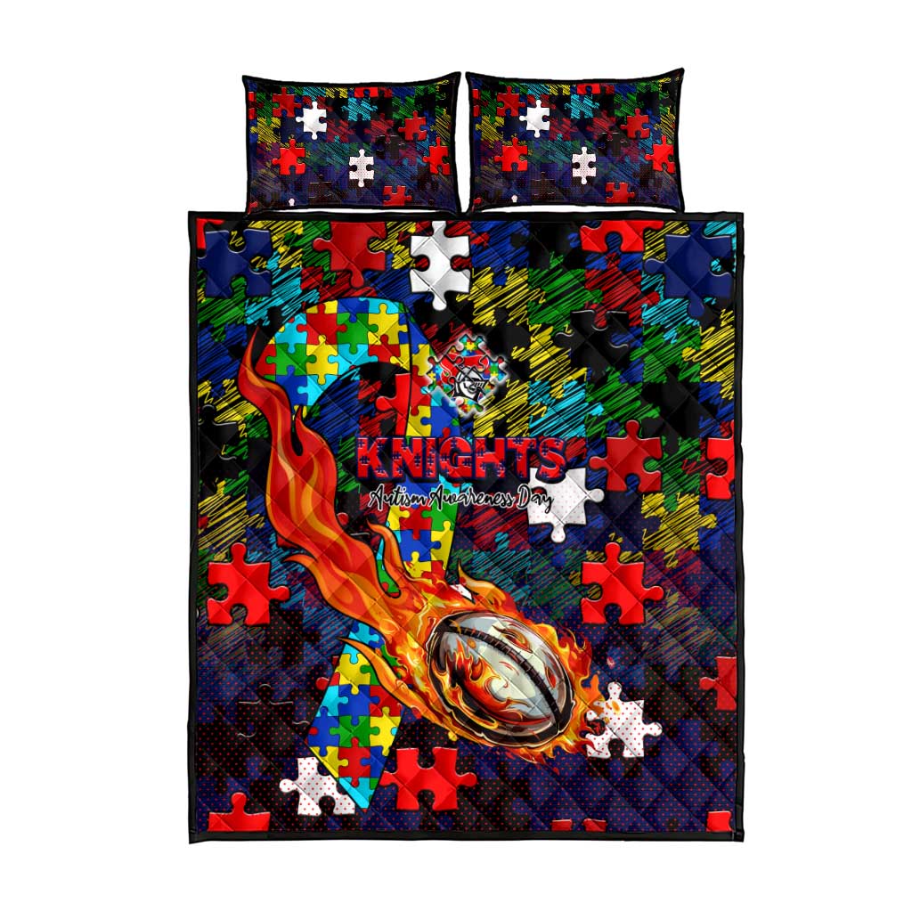Knights Autism Awareness Quilt Bed Set Puzzle Flames Rugby Ball
