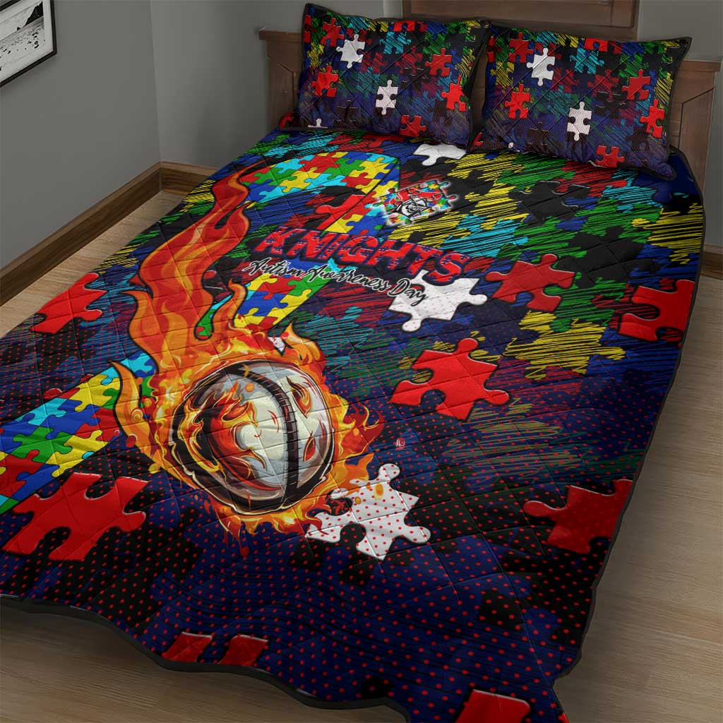 Knights Autism Awareness Quilt Bed Set Puzzle Flames Rugby Ball