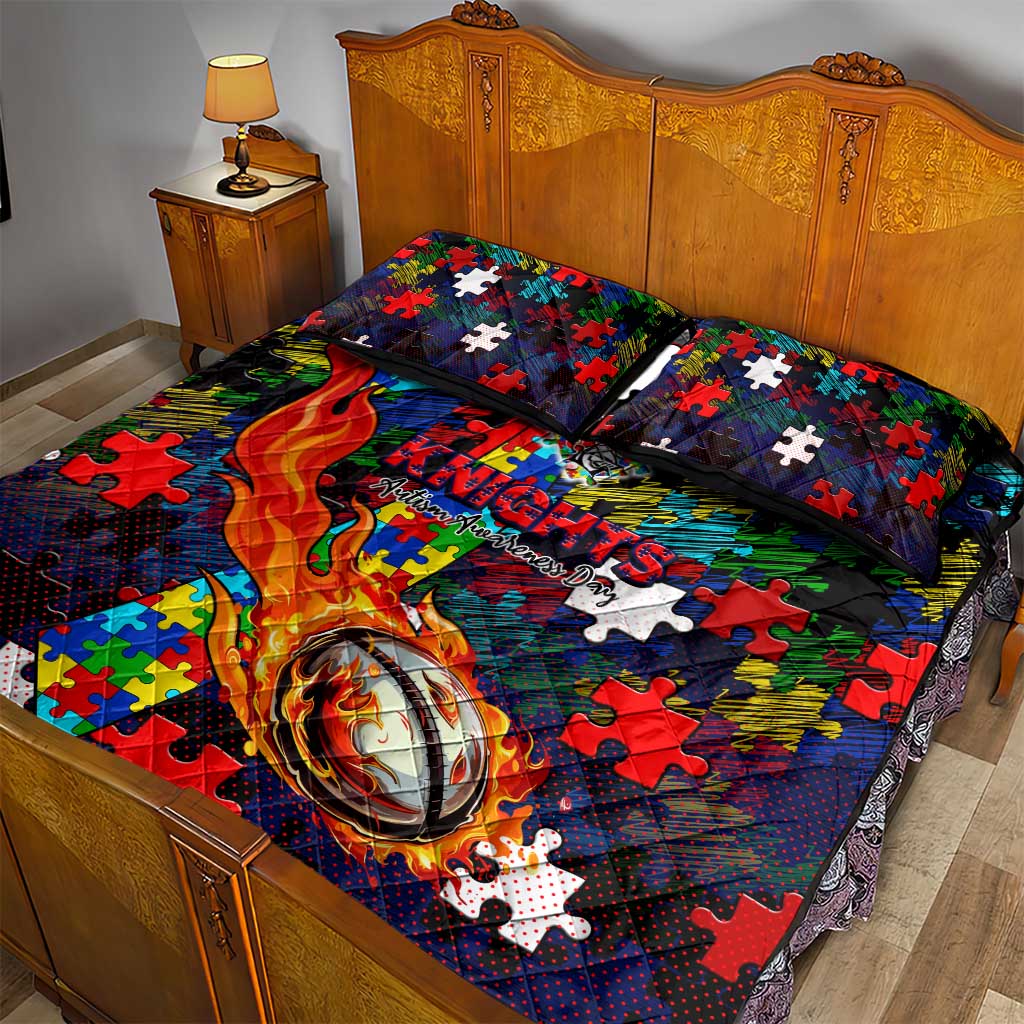Knights Autism Awareness Quilt Bed Set Puzzle Flames Rugby Ball