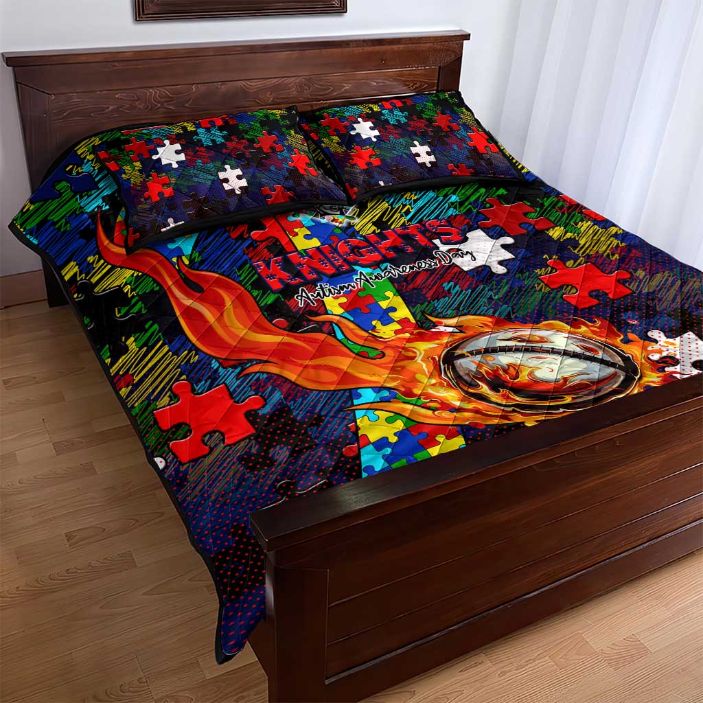 Knights Autism Awareness Quilt Bed Set Puzzle Flames Rugby Ball