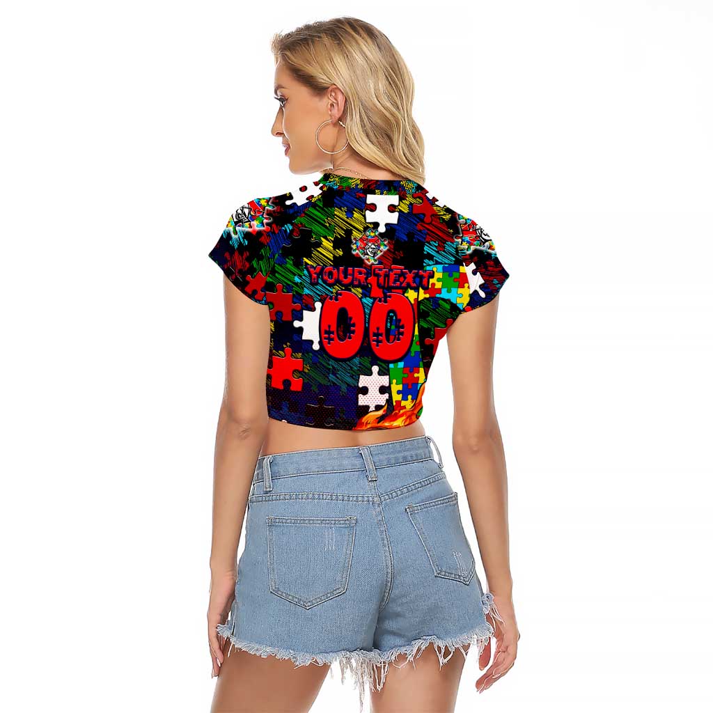 Knights Autism Awareness Raglan Cropped T Shirt Puzzle Flames Rugby Ball