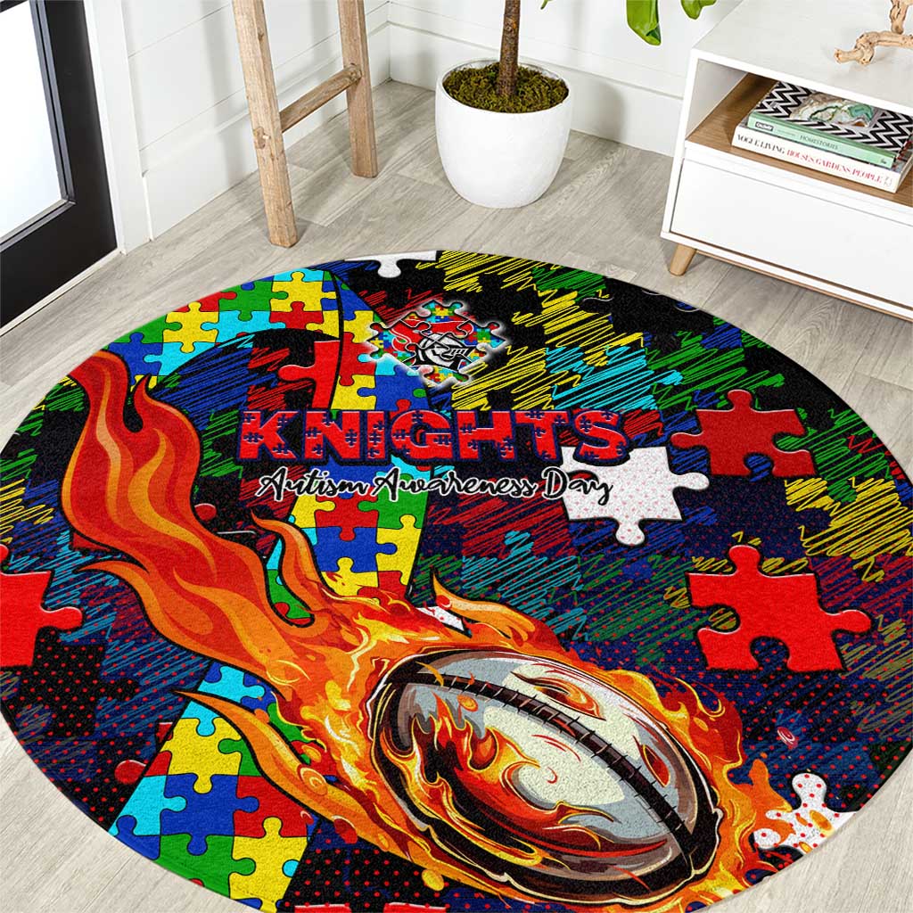 Knights Autism Awareness Round Carpet Puzzle Flames Rugby Ball