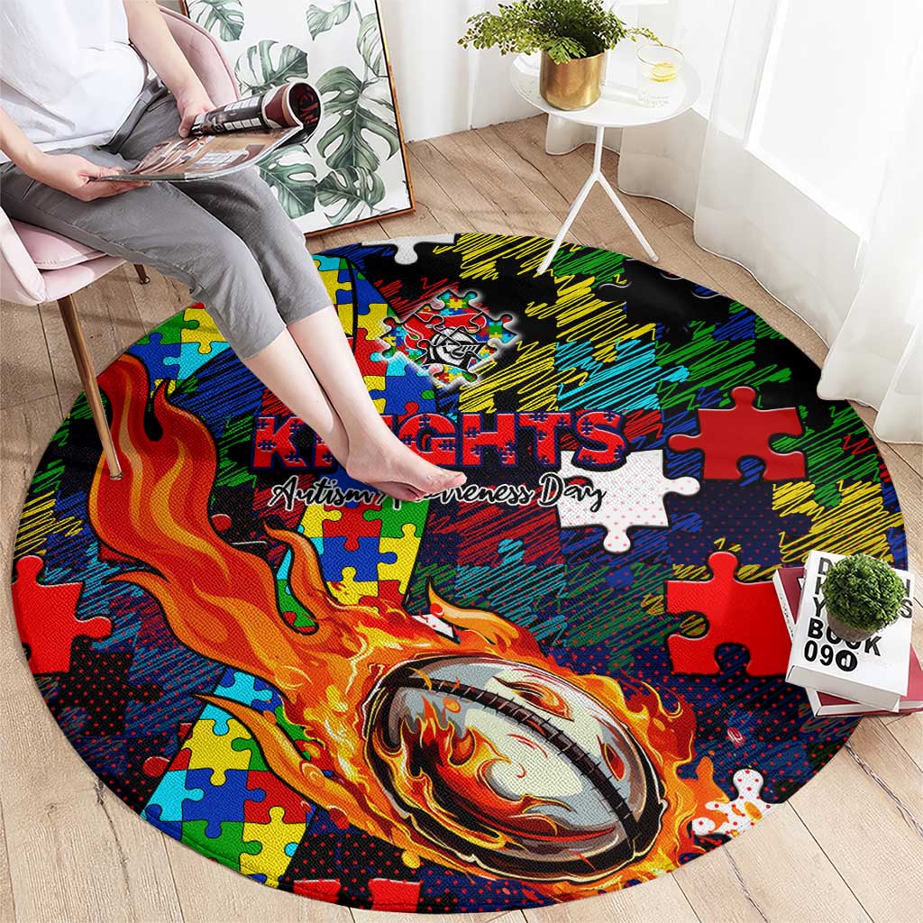 Knights Autism Awareness Round Carpet Puzzle Flames Rugby Ball