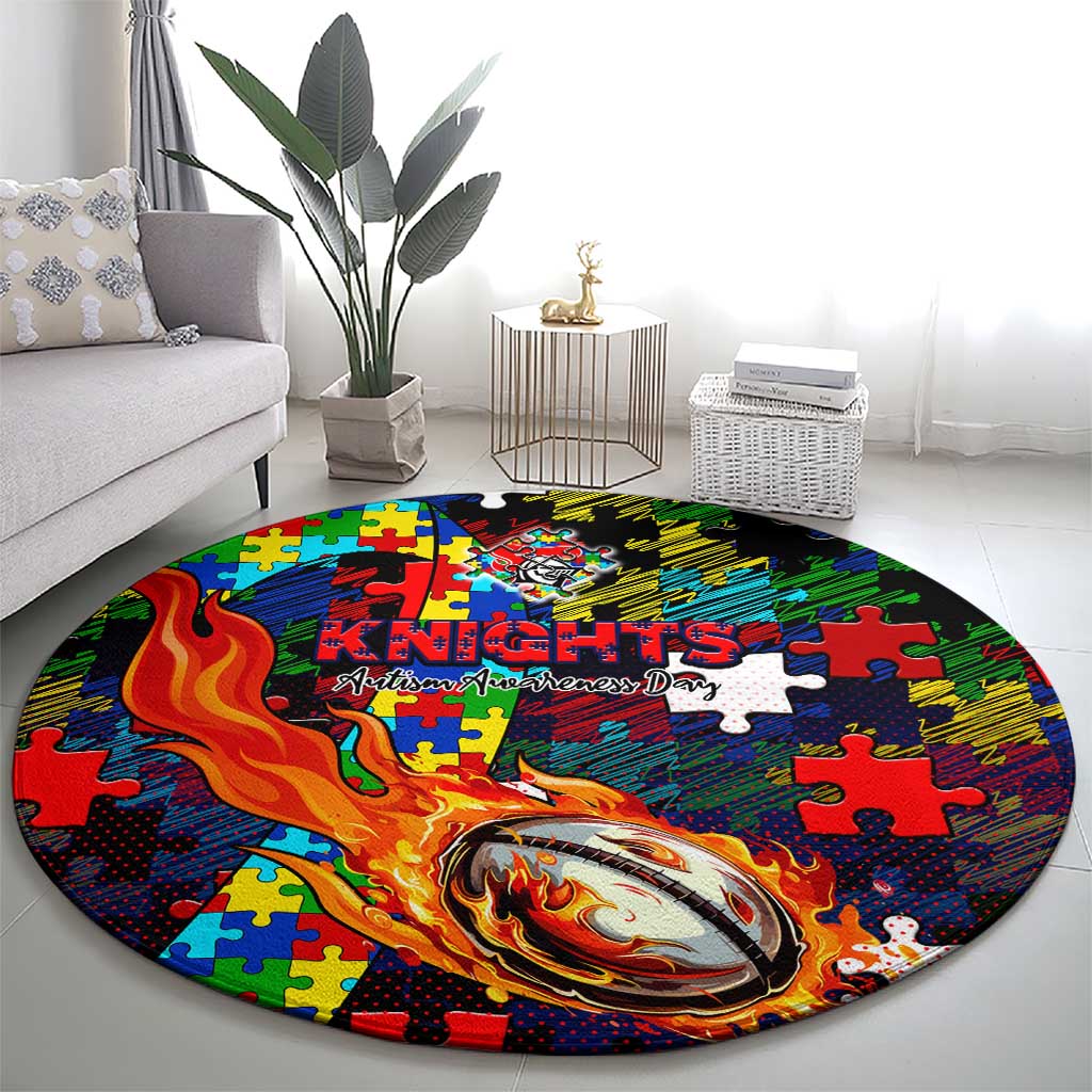 Knights Autism Awareness Round Carpet Puzzle Flames Rugby Ball