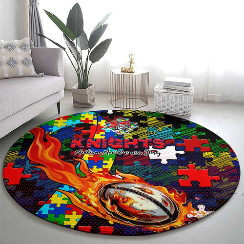 Knights Autism Awareness Round Carpet Puzzle Flames Rugby Ball