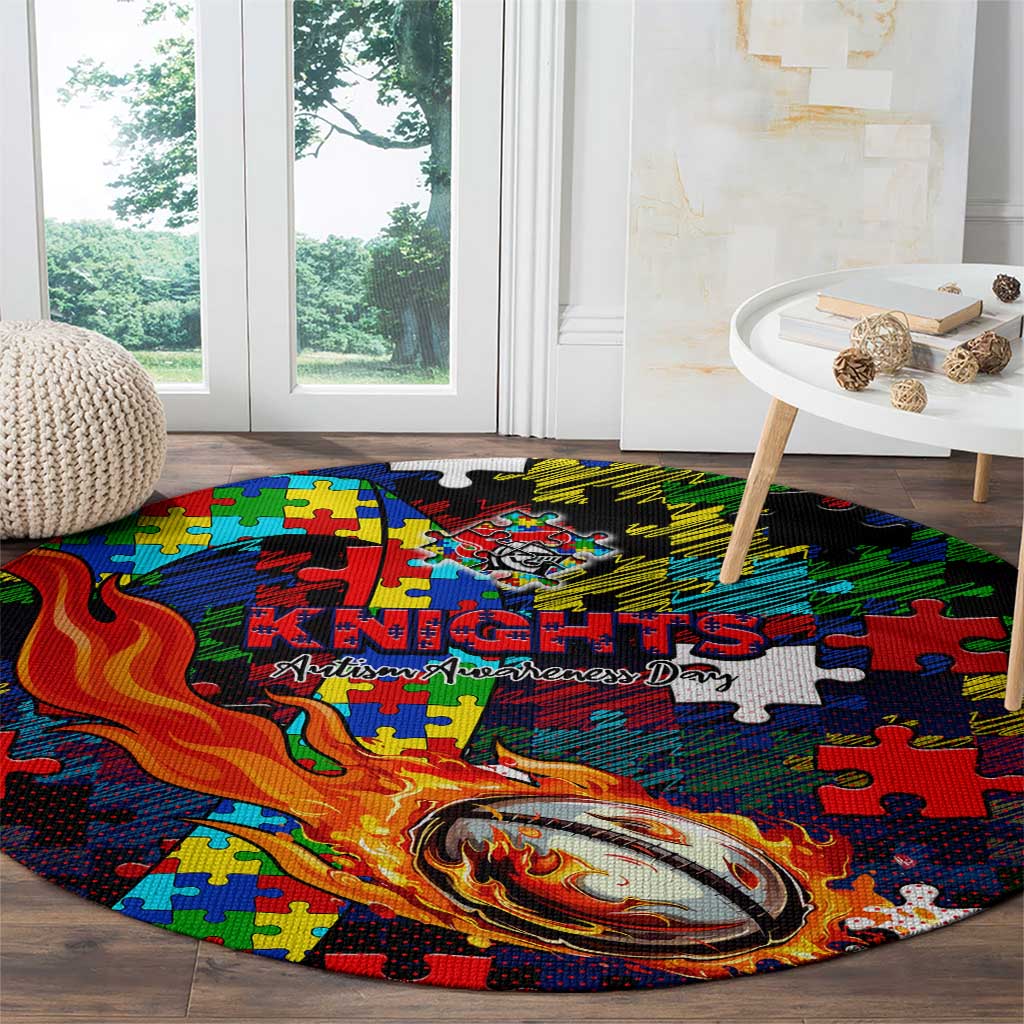 Knights Autism Awareness Round Carpet Puzzle Flames Rugby Ball