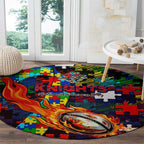 Knights Autism Awareness Round Carpet Puzzle Flames Rugby Ball