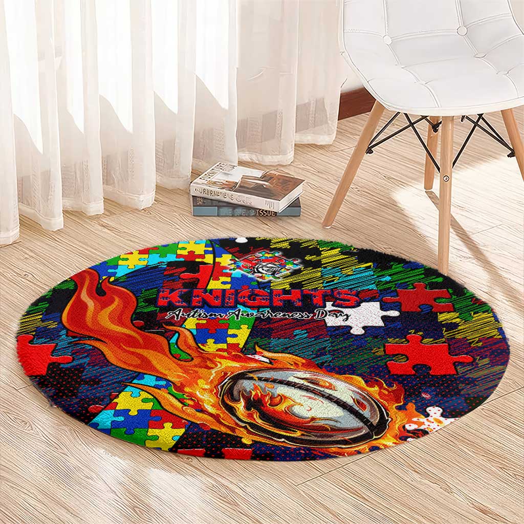 Knights Autism Awareness Round Carpet Puzzle Flames Rugby Ball