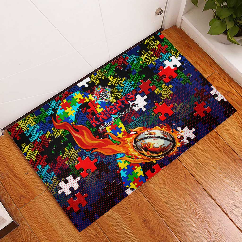 Knights Autism Awareness Rubber Doormat Puzzle Flames Rugby Ball