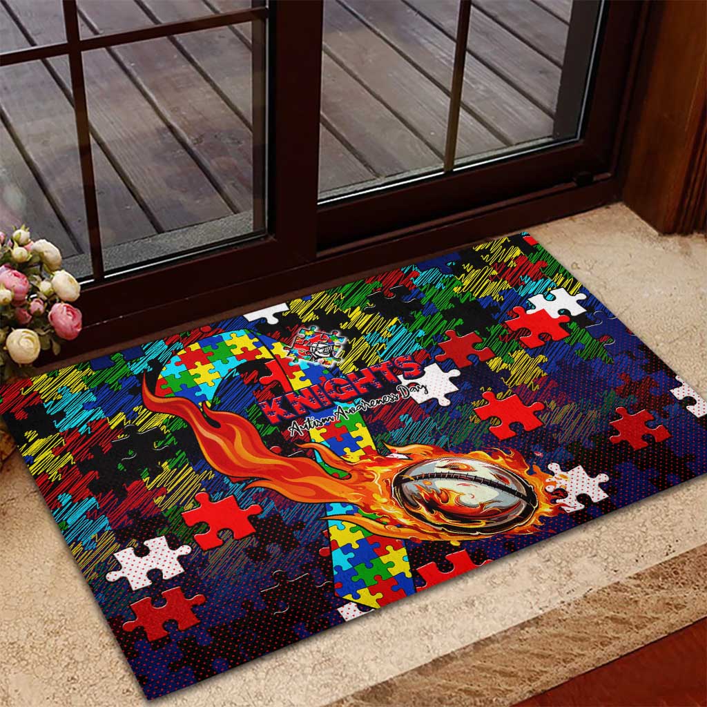 Knights Autism Awareness Rubber Doormat Puzzle Flames Rugby Ball