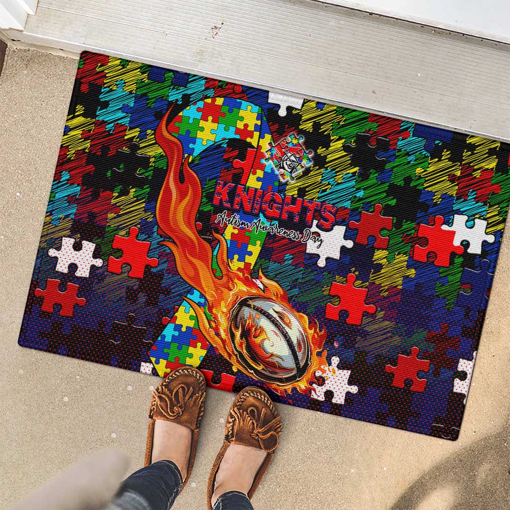 Knights Autism Awareness Rubber Doormat Puzzle Flames Rugby Ball