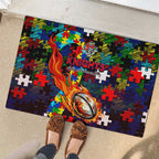 Knights Autism Awareness Rubber Doormat Puzzle Flames Rugby Ball