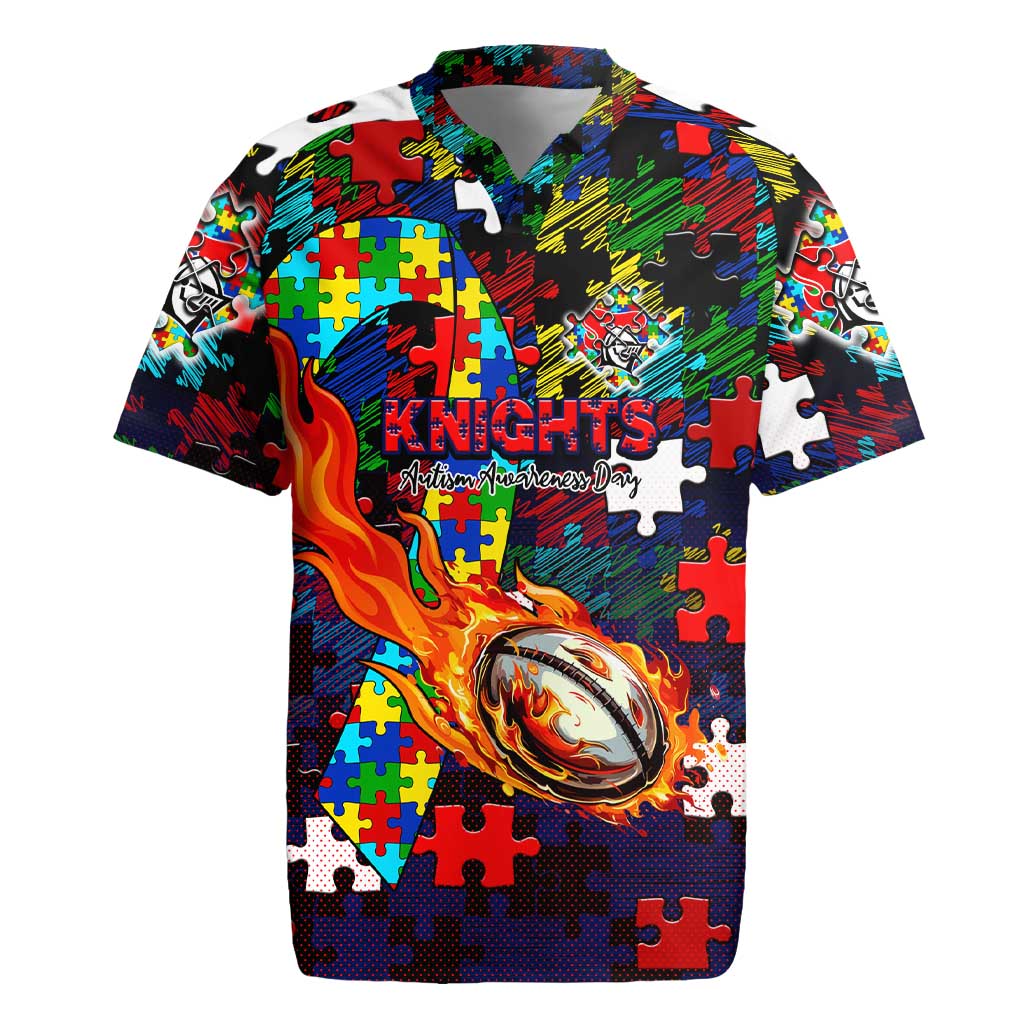 Knights Autism Awareness Rugby Jersey Puzzle Flames Rugby Ball