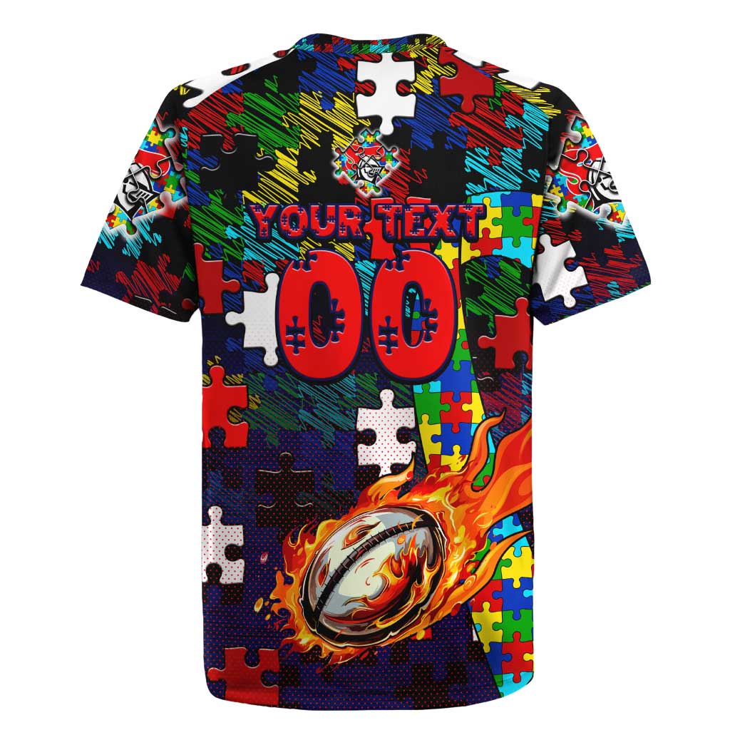 Knights Autism Awareness Rugby Jersey Puzzle Flames Rugby Ball