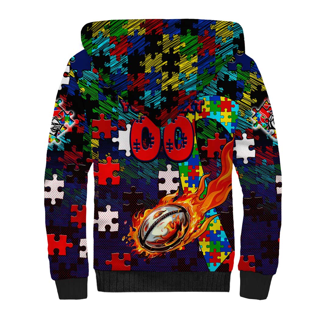 Knights Autism Awareness Sherpa Hoodie Puzzle Flames Rugby Ball