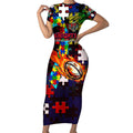 Knights Autism Awareness Short Sleeve Bodycon Dress Puzzle Flames Rugby Ball