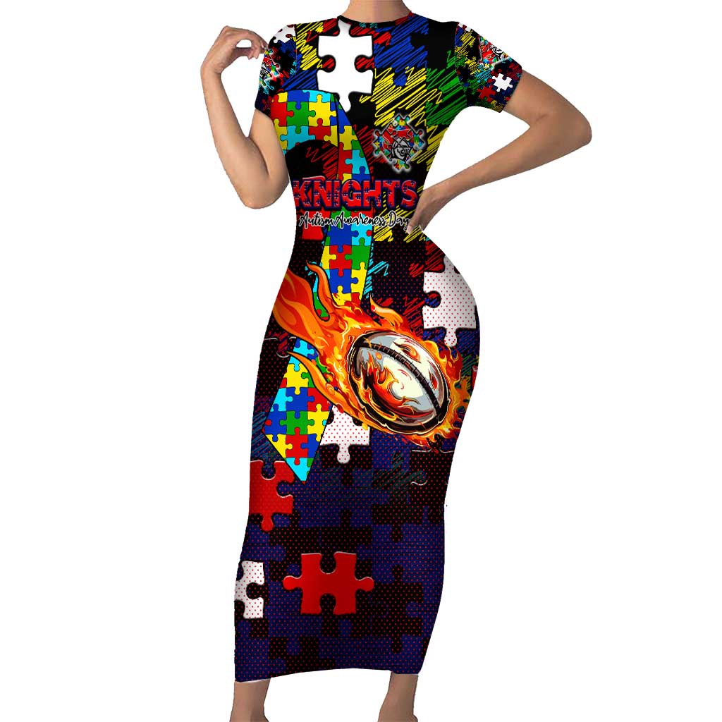 Knights Autism Awareness Short Sleeve Bodycon Dress Puzzle Flames Rugby Ball