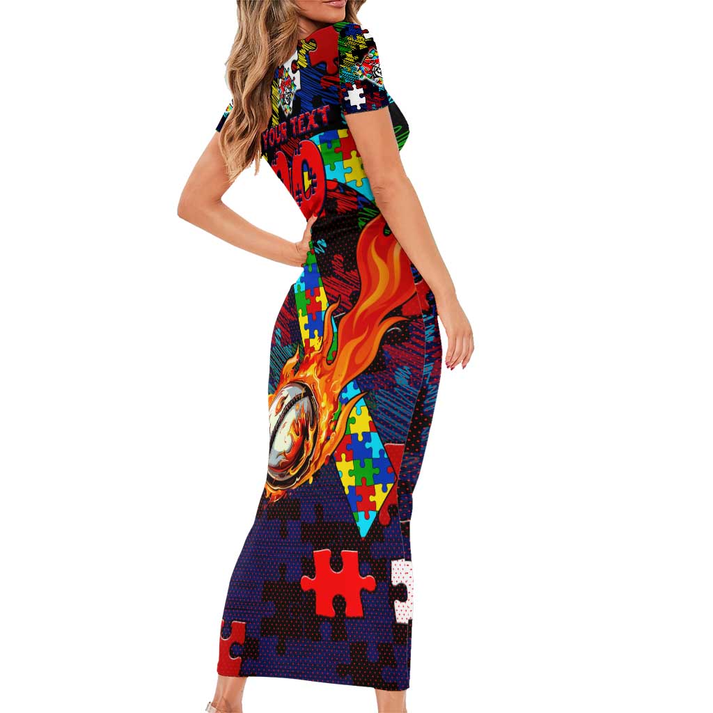 Knights Autism Awareness Short Sleeve Bodycon Dress Puzzle Flames Rugby Ball