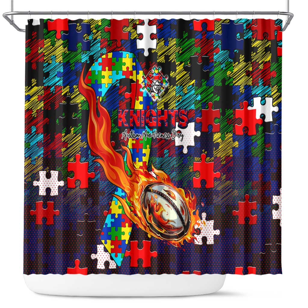 Knights Autism Awareness Shower Curtain Puzzle Flames Rugby Ball