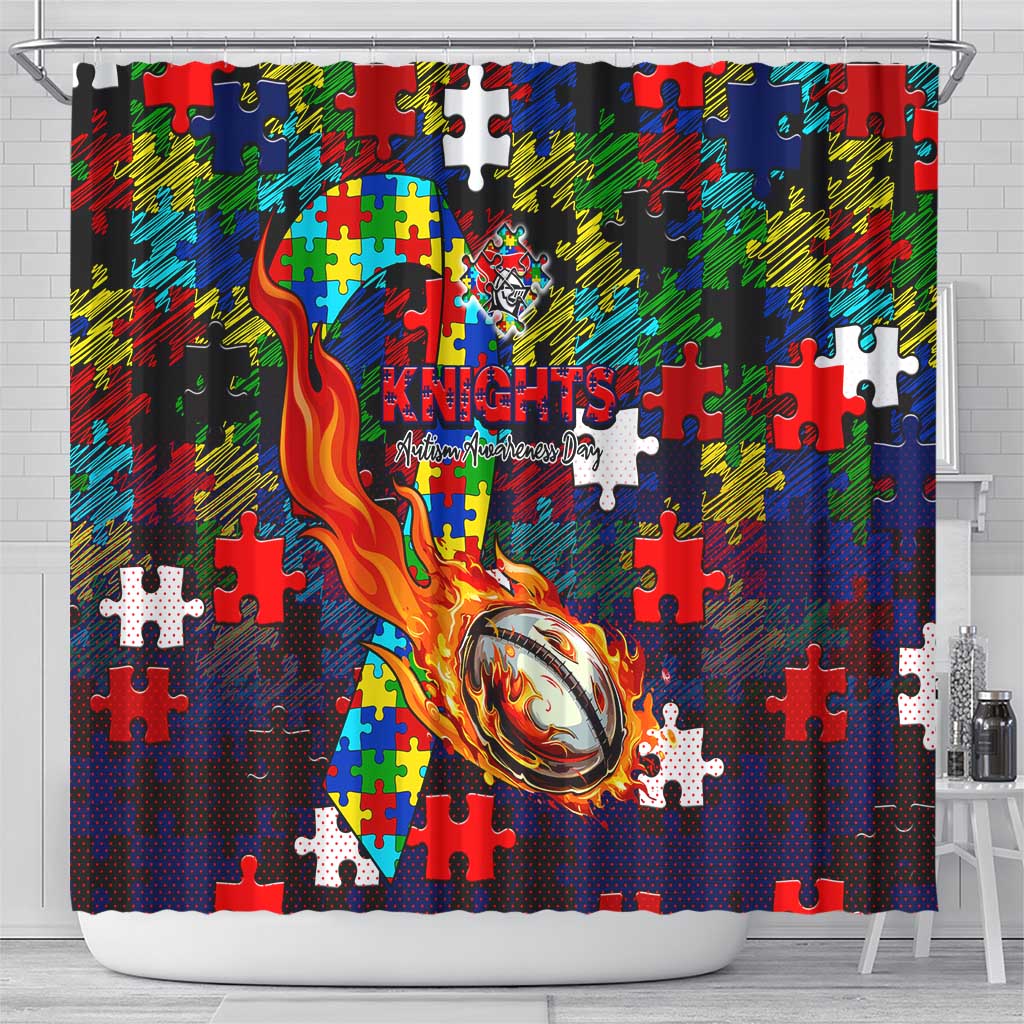 Knights Autism Awareness Shower Curtain Puzzle Flames Rugby Ball