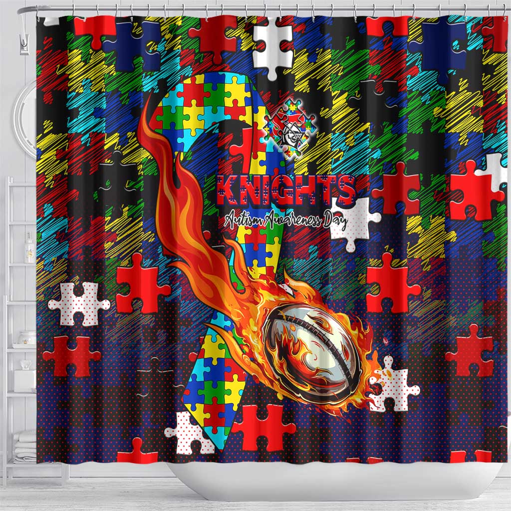 Knights Autism Awareness Shower Curtain Puzzle Flames Rugby Ball