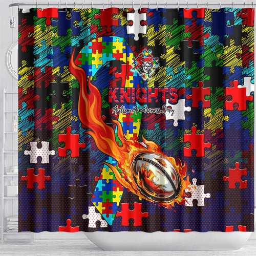 Knights Autism Awareness Shower Curtain Puzzle Flames Rugby Ball