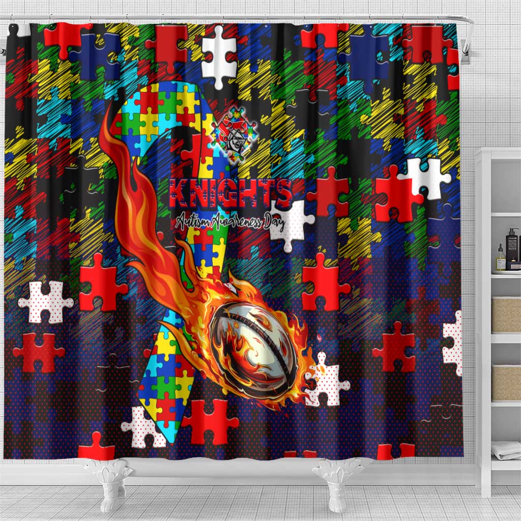 Knights Autism Awareness Shower Curtain Puzzle Flames Rugby Ball
