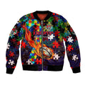 Knights Autism Awareness Sleeve Zip Bomber Jacket Puzzle Flames Rugby Ball
