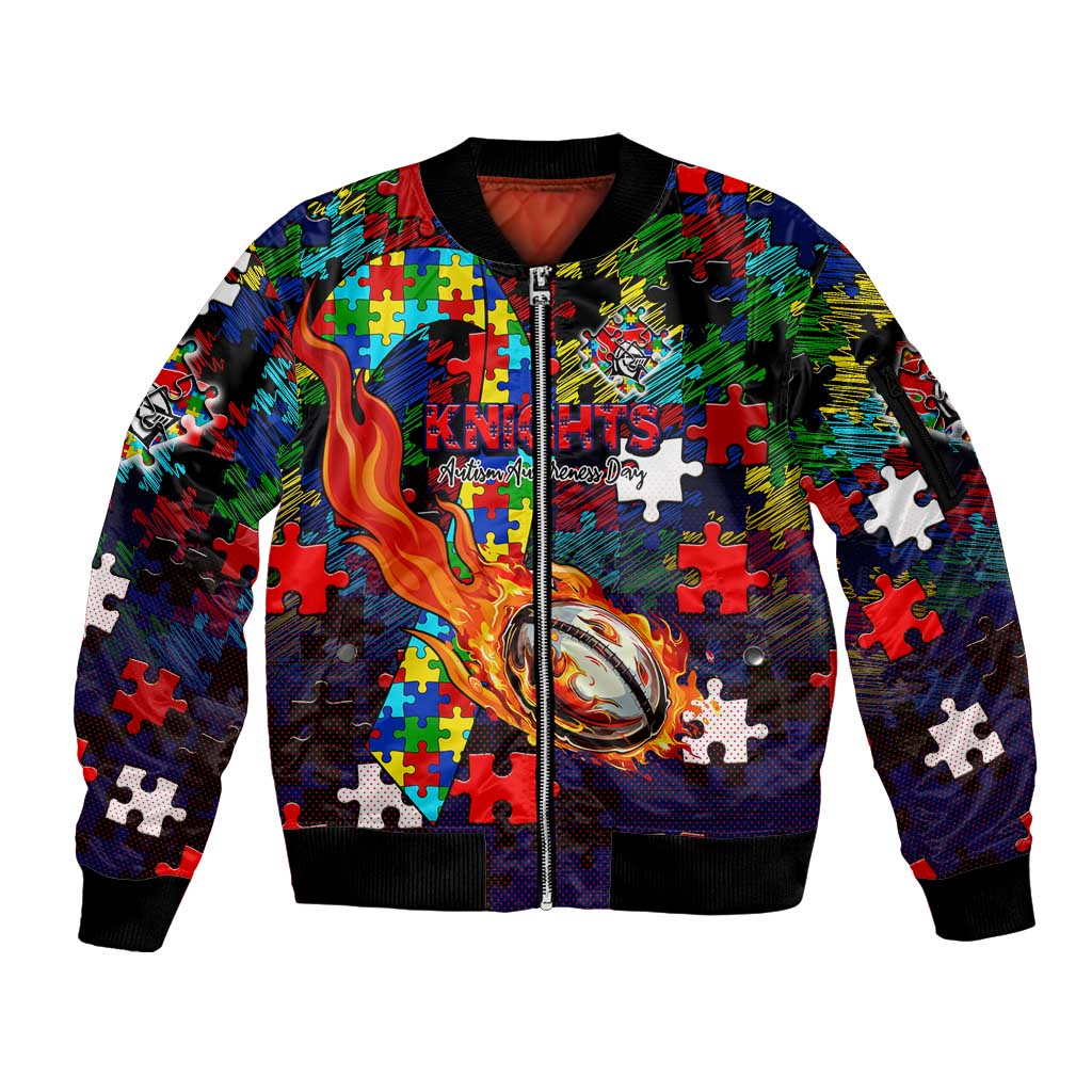Knights Autism Awareness Sleeve Zip Bomber Jacket Puzzle Flames Rugby Ball