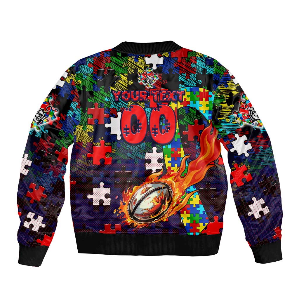 Knights Autism Awareness Sleeve Zip Bomber Jacket Puzzle Flames Rugby Ball