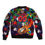 Knights Autism Awareness Sleeve Zip Bomber Jacket Puzzle Flames Rugby Ball