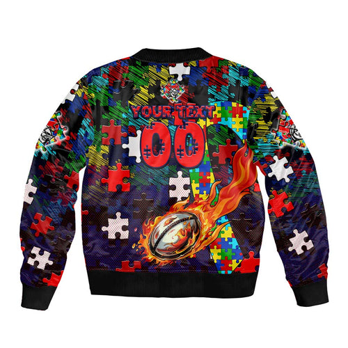 Knights Autism Awareness Sleeve Zip Bomber Jacket Puzzle Flames Rugby Ball