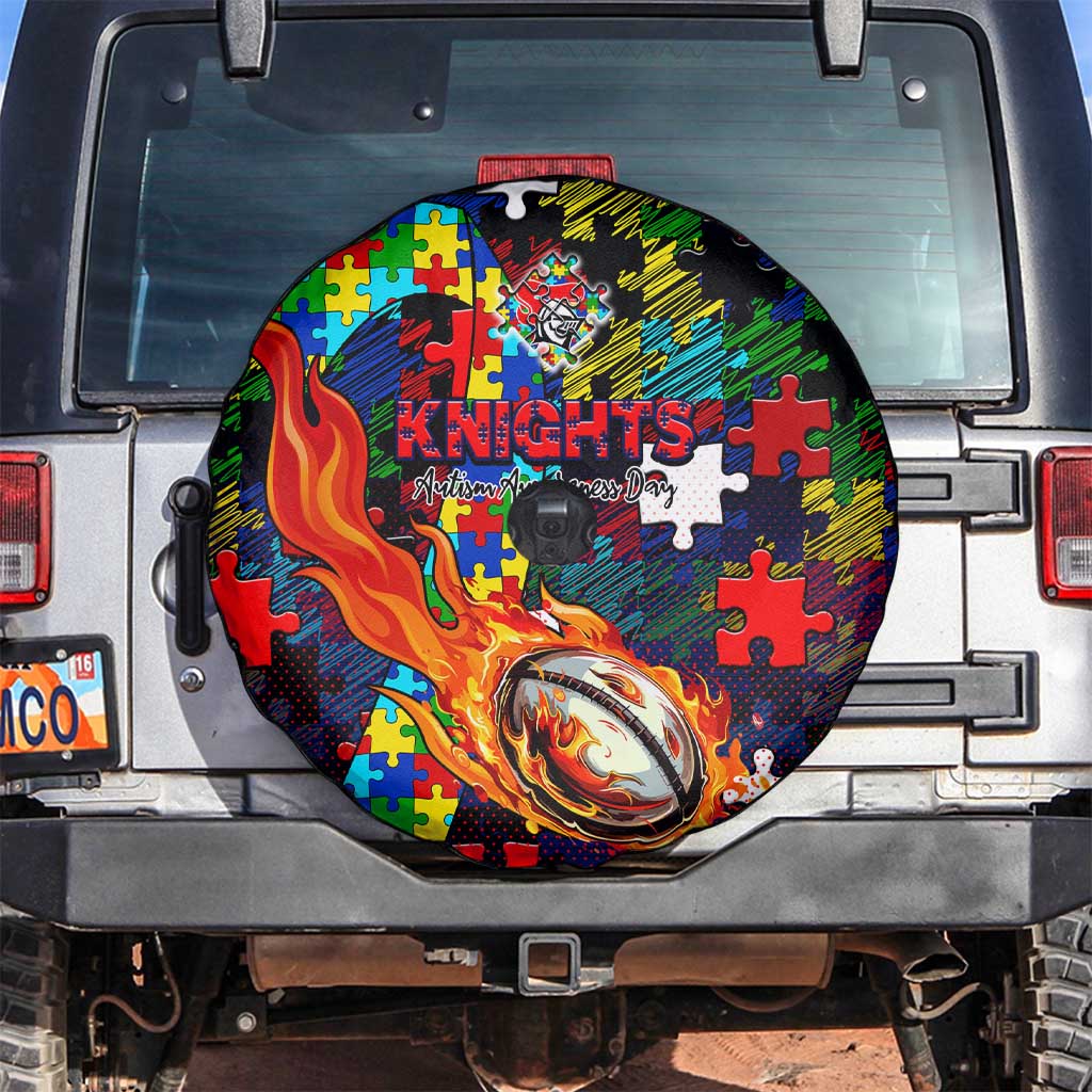 Knights Autism Awareness Spare Tire Cover Puzzle Flames Rugby Ball