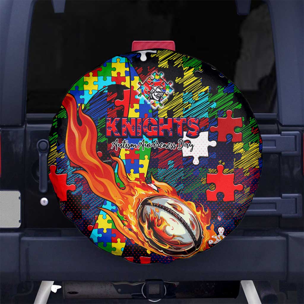 Knights Autism Awareness Spare Tire Cover Puzzle Flames Rugby Ball