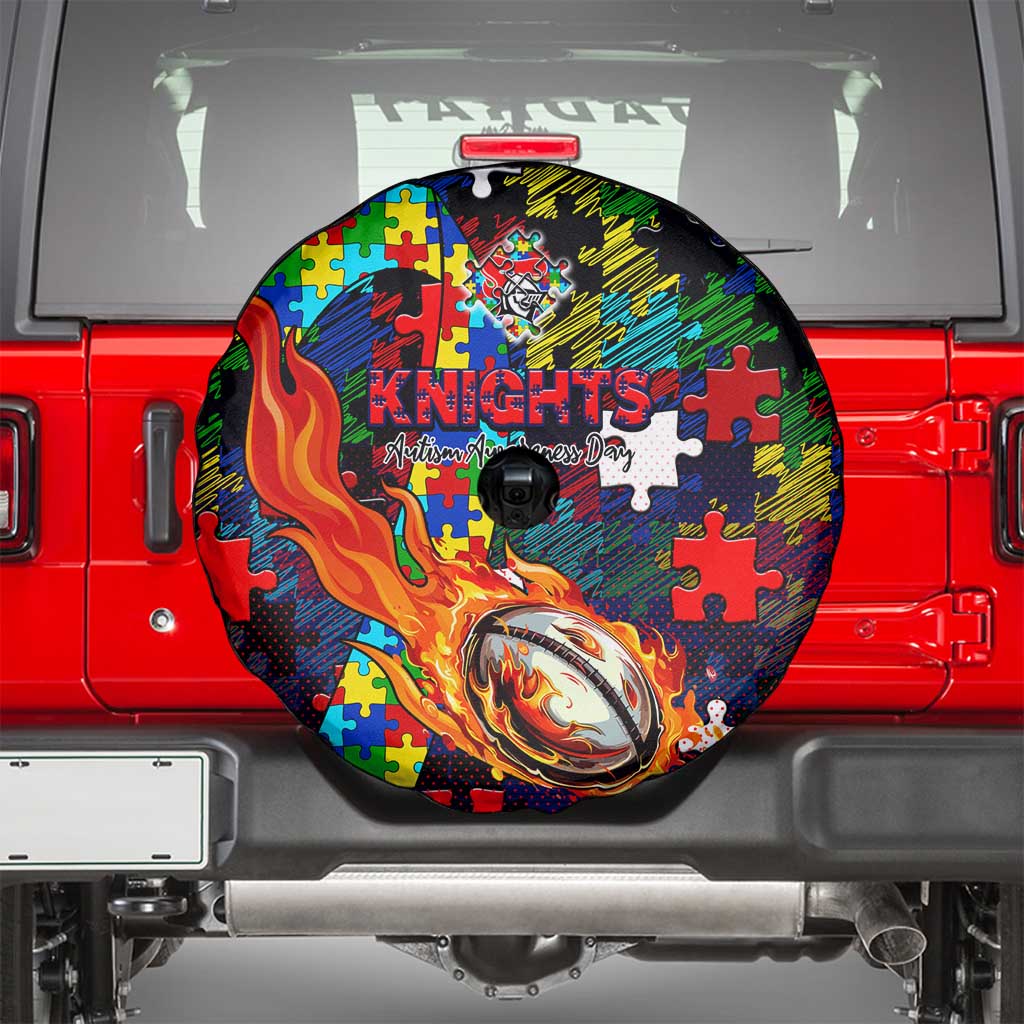 Knights Autism Awareness Spare Tire Cover Puzzle Flames Rugby Ball