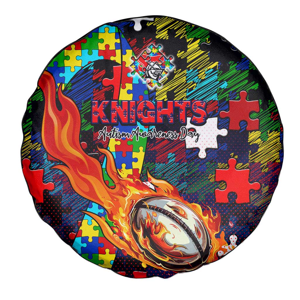 Knights Autism Awareness Spare Tire Cover Puzzle Flames Rugby Ball