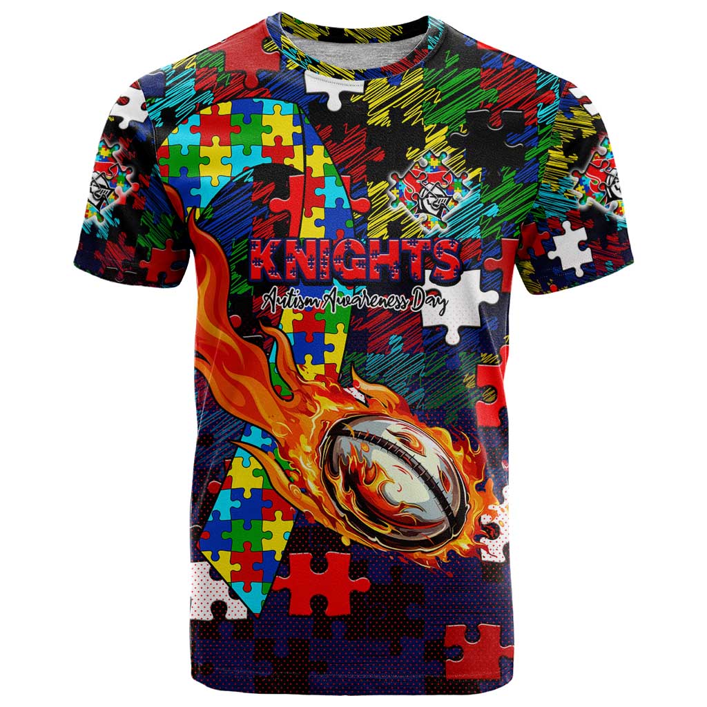 Knights Autism Awareness T Shirt Puzzle Flames Rugby Ball