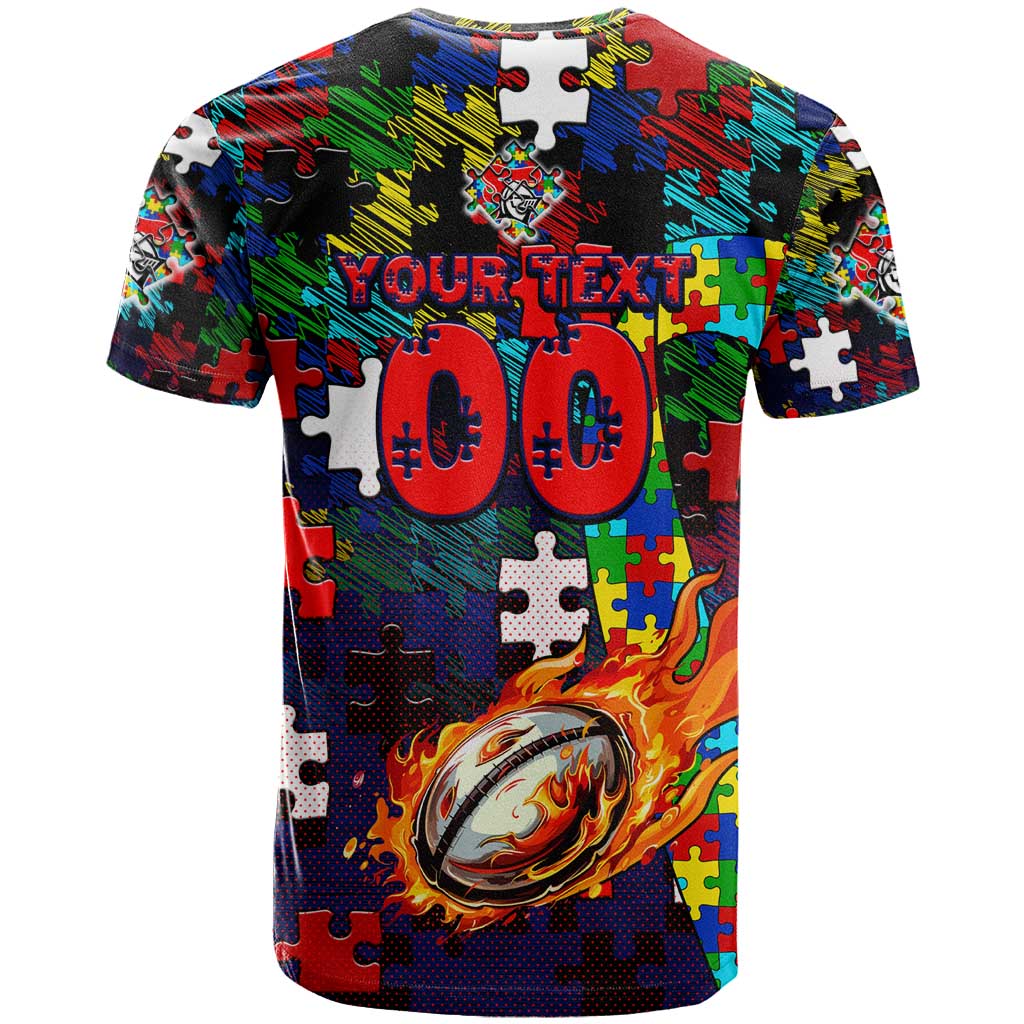 Knights Autism Awareness T Shirt Puzzle Flames Rugby Ball