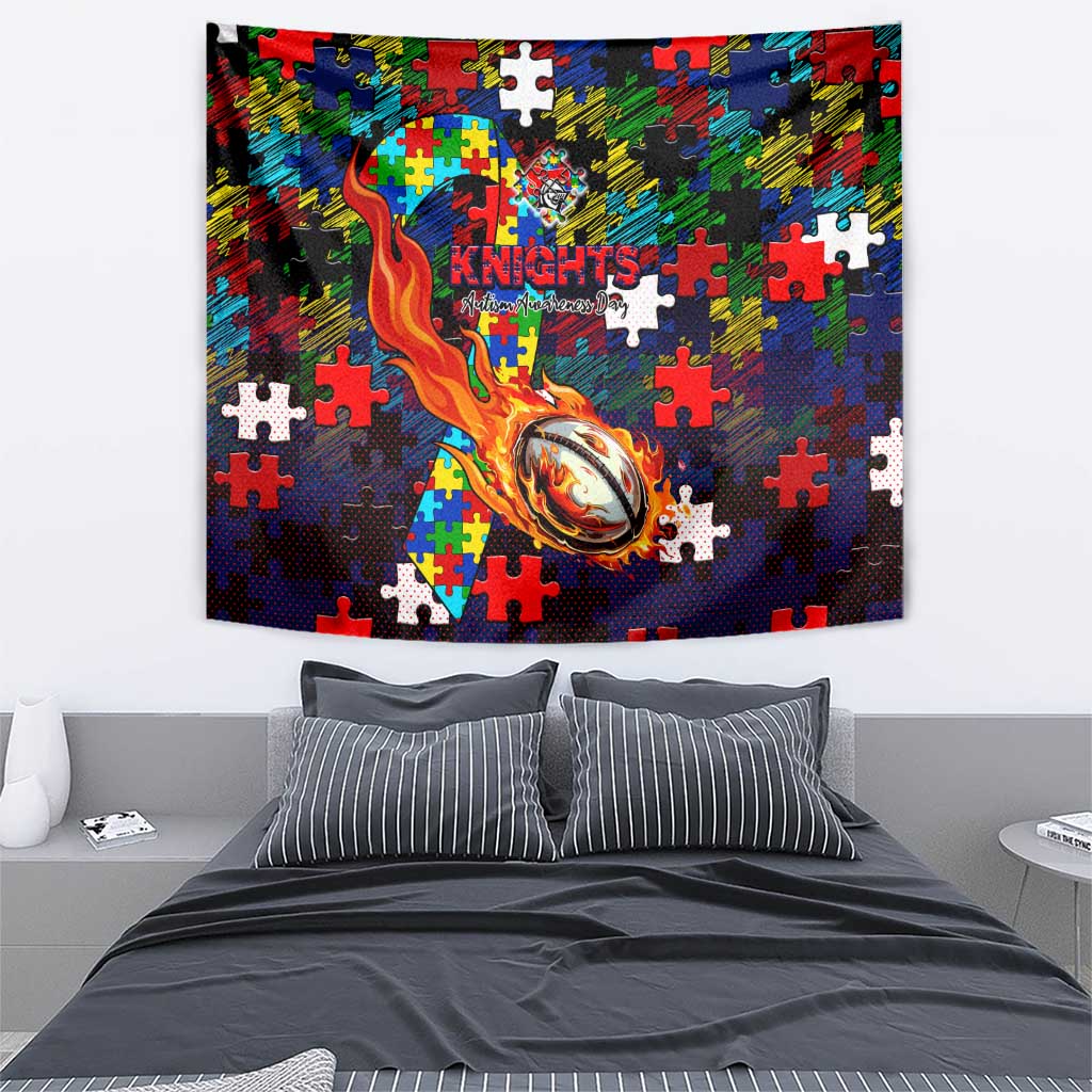 Knights Autism Awareness Tapestry Puzzle Flames Rugby Ball