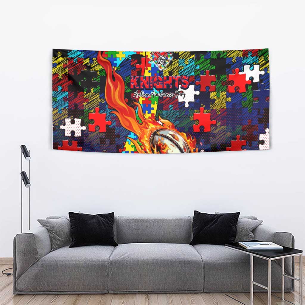 Knights Autism Awareness Tapestry Puzzle Flames Rugby Ball