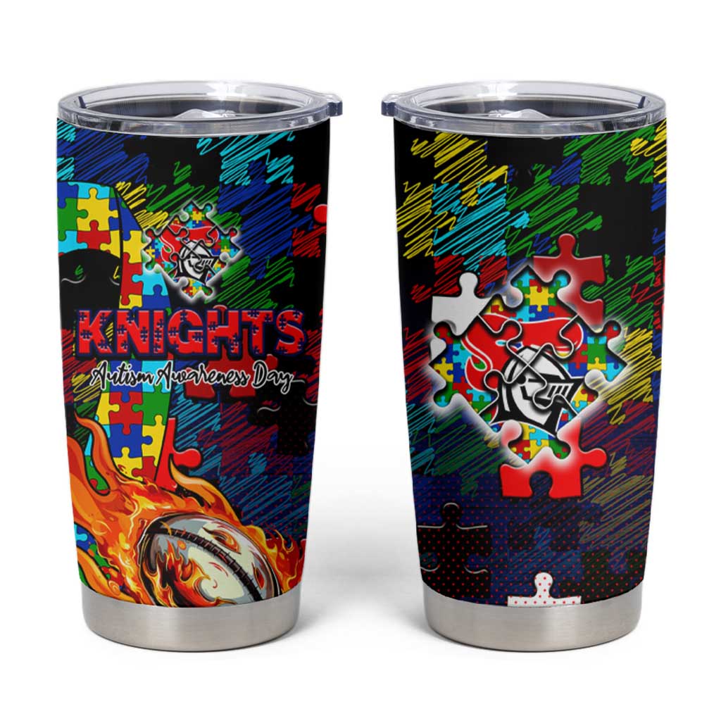Knights Autism Awareness Tumbler Cup Puzzle Flames Rugby Ball