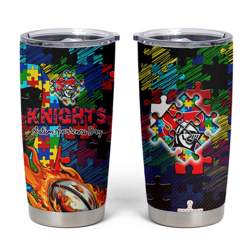 Knights Autism Awareness Tumbler Cup Puzzle Flames Rugby Ball