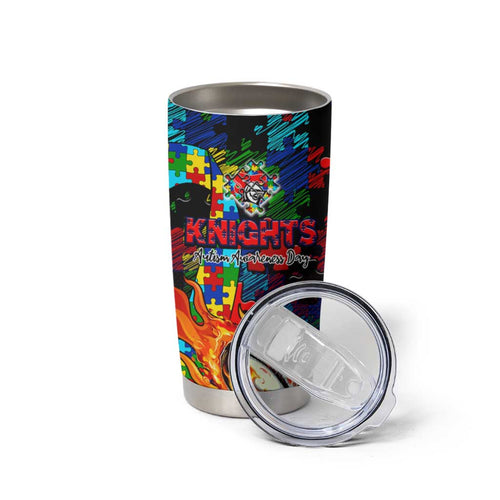 Knights Autism Awareness Tumbler Cup Puzzle Flames Rugby Ball