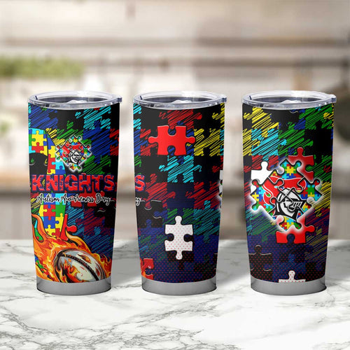 Knights Autism Awareness Tumbler Cup Puzzle Flames Rugby Ball