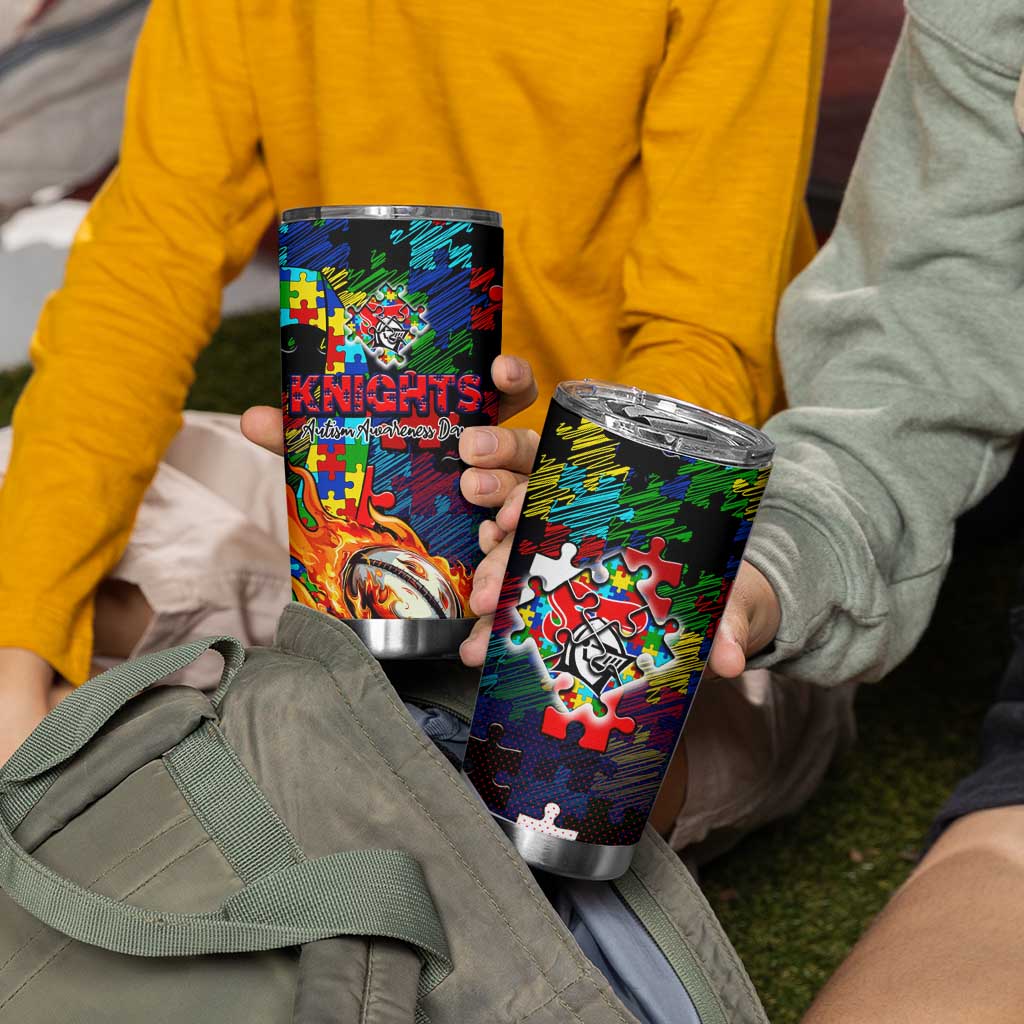 Knights Autism Awareness Tumbler Cup Puzzle Flames Rugby Ball
