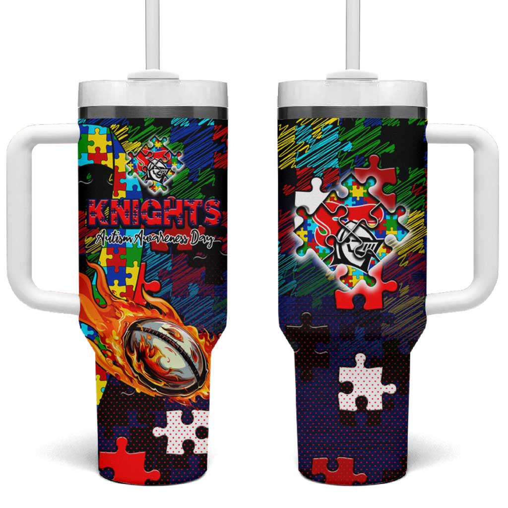 Knights Autism Awareness Tumbler With Handle Puzzle Flames Rugby Ball
