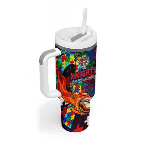 Knights Autism Awareness Tumbler With Handle Puzzle Flames Rugby Ball