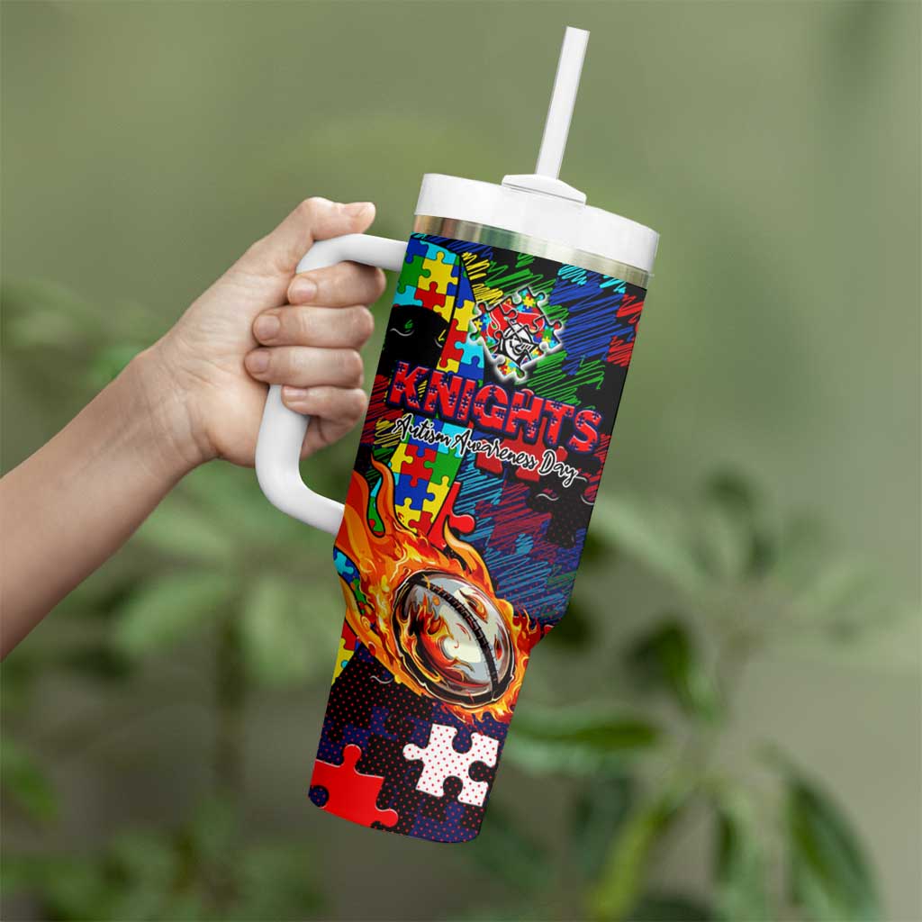 Knights Autism Awareness Tumbler With Handle Puzzle Flames Rugby Ball