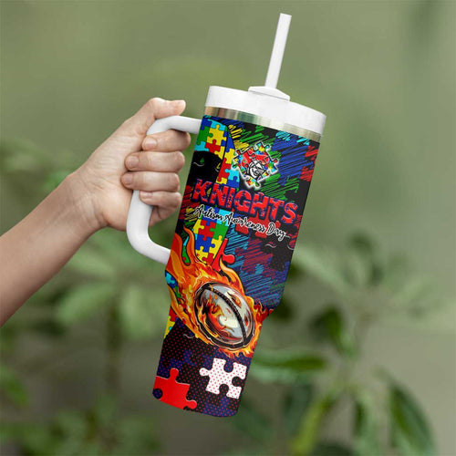 Knights Autism Awareness Tumbler With Handle Puzzle Flames Rugby Ball